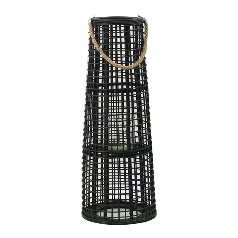 

Black Woven Rattan Hurricane Lantern with Hemp Rope, 11x29 inches, Decorative Light for Home Decor, Outdoor and Indoor Use