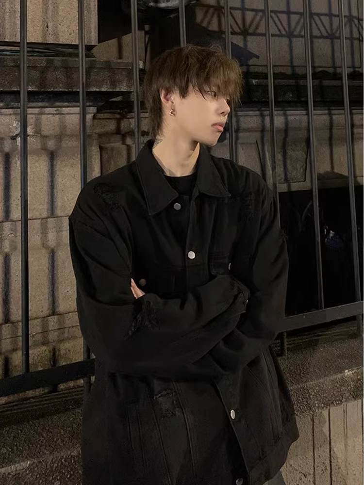 

Pure Bla Waed Hole Denim Jaet Men's American Retro High Street Spring Autumn Faionable Cool Boys' Outerwear