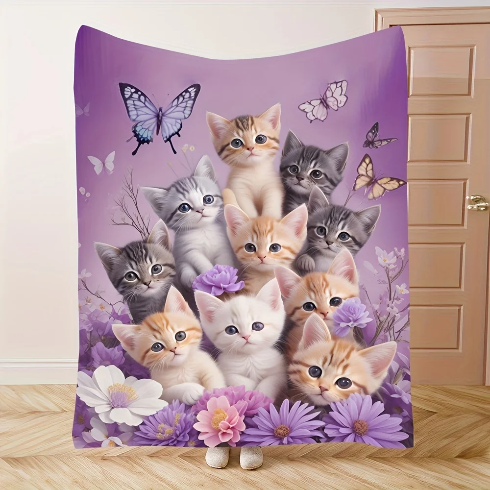 Adorable Kitten-Themed Flannel Blanket | Cozy Bedding with Purple Floral & Butterfly Accents | Ideal for Napping, Camping