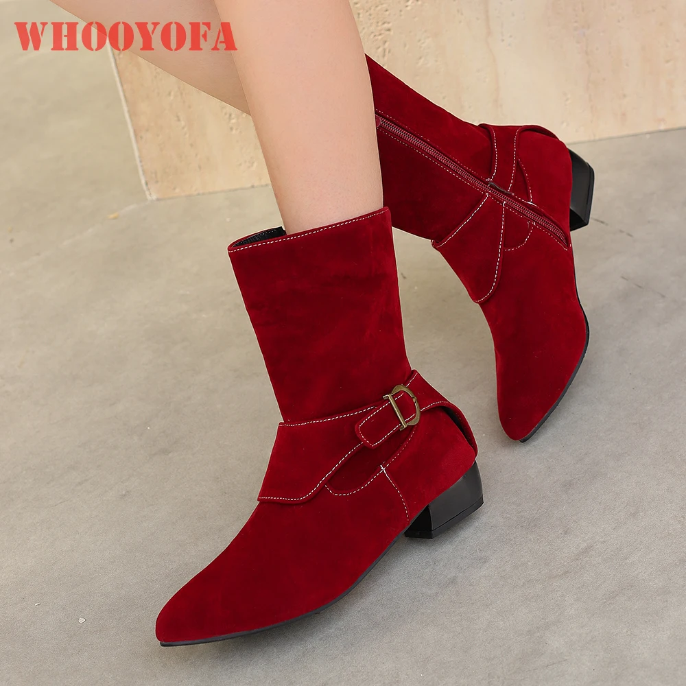 

2025 New Winter Sweet Red Brown Women Mid Calf Boots Pointed Toe Low Heel School Lady Shoes Plus Big Size 12 42 47 48