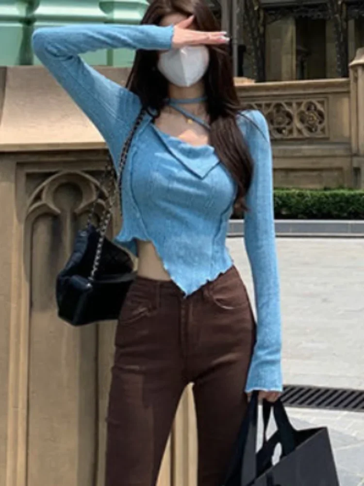 Autunno elegante maglione lavorato a maglia donna manica lunga Y2k Crop Top stile coreano pullover corto design camicetta moda colore puro