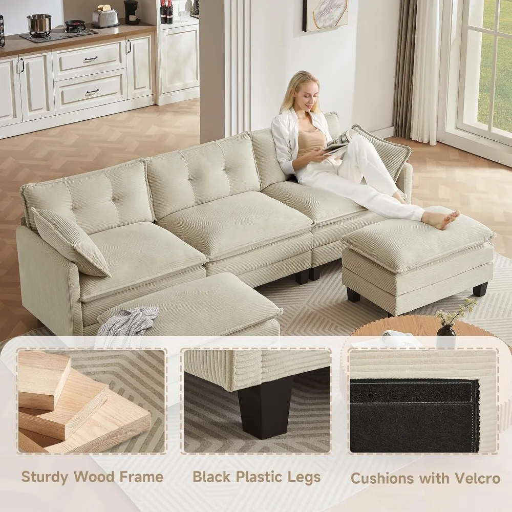 Modular Sectional Sofa, 111.5" U-Shaped Corduroy Comfy Sectional Couches for Living Room, 3-Seater Cloud Couches with 2 Movable