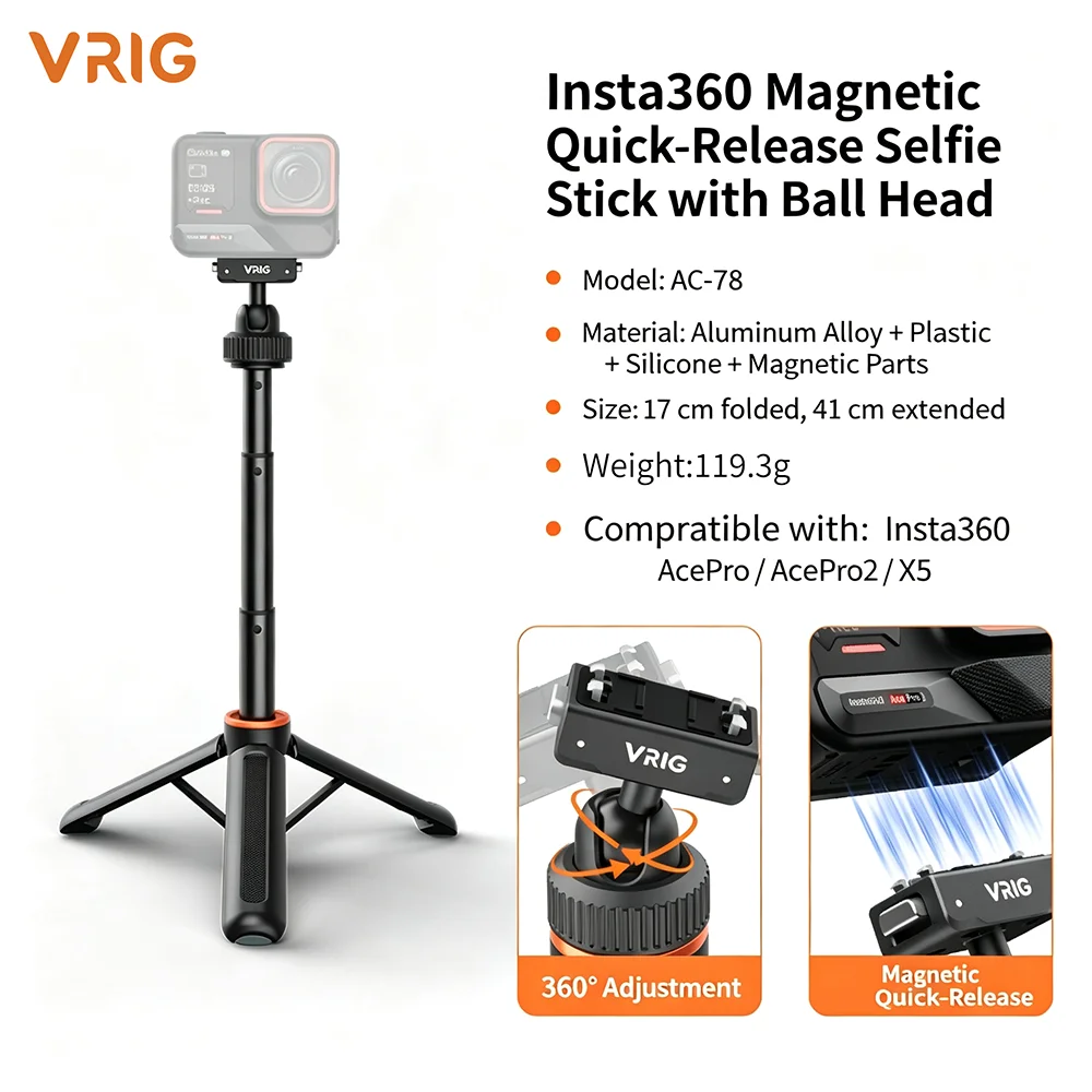 VRIG AC-78 magnetische selfie-stick met snelkoppelingsmechanisme, geschikt als statief voor Insta360 Ace Pro 2/X5/X6 360. °   Draaibaar en uitschuifbaar statief voor vloggen.