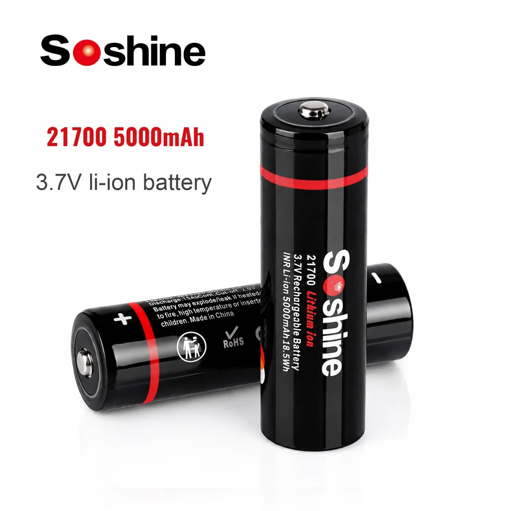Soshine 3.7V 21700 5000mAh Li-lon Top Rechargeable Battery 20A Power Discharge for High-power Appliances Flashlight Batteries
