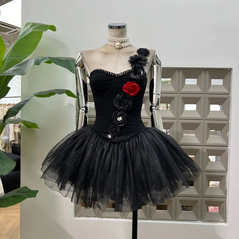 

3D Handmade Flower Fishbone Single Shoulder Tie Top+Mesh Puffy Skirt Set for Women