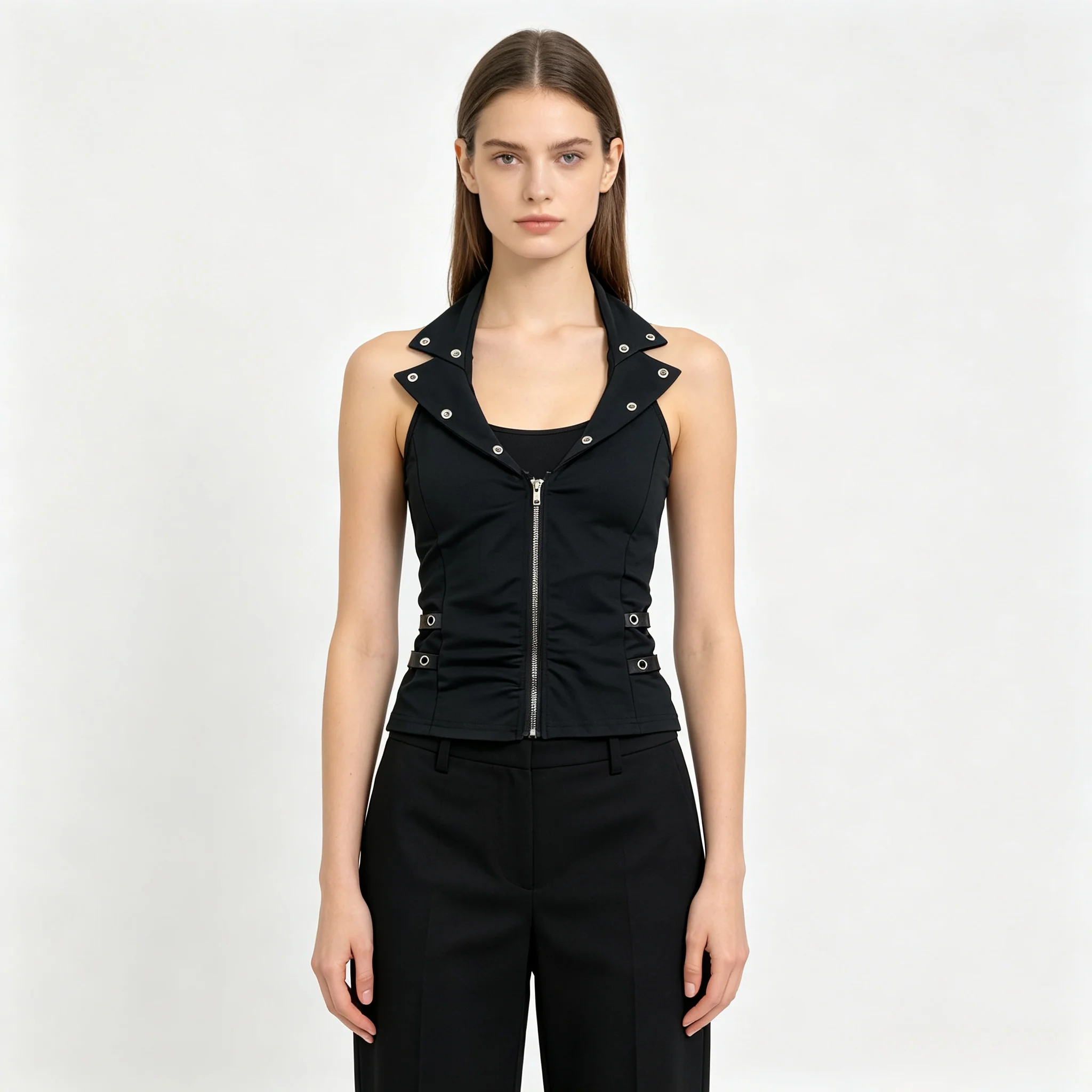 Women's Sleeveless Lapel Halter Zip Crop Vest Metal Rivet Side Buckle Slim Gothic Punk Y2K Streetwear Alt Clubwear Top