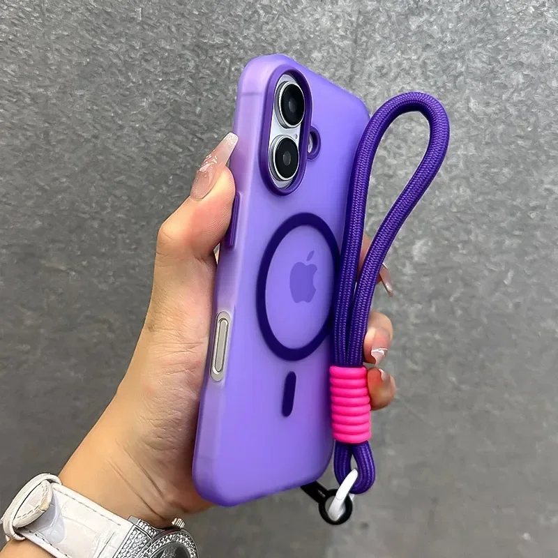 Custodia magnetica ultrasottile opaca color caramello per iPhone 16 15 Pro Max 14 Plus 11 12 13 Cinturino da polso con cordino Magsafe TPU Cover