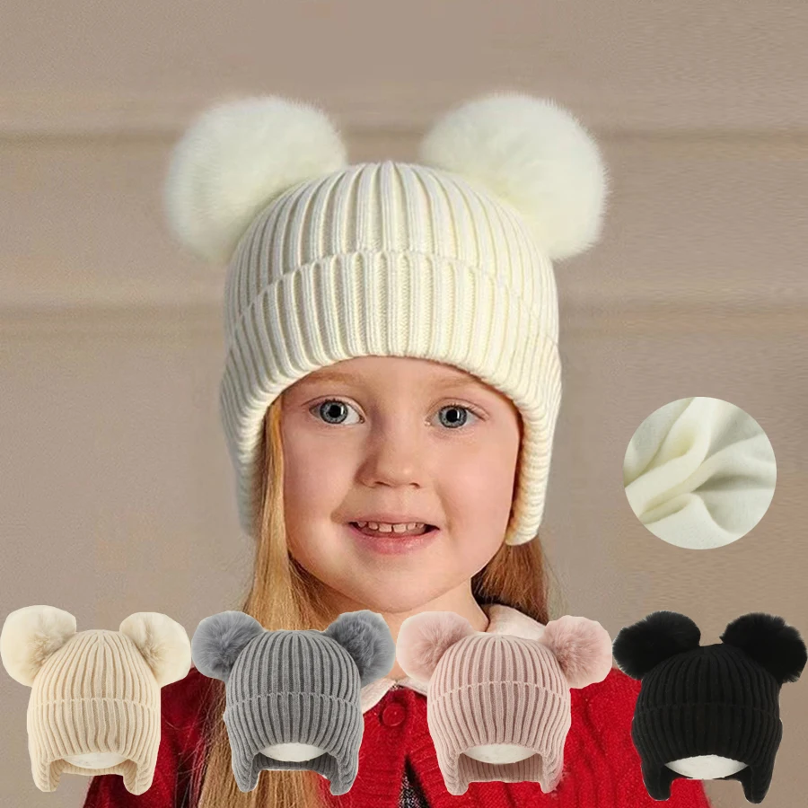 

Kids Soft Wool Knitted Beanie Hat Winter Warm Fleece Ear Protection Cap Boys Girls Cartoon Pompom Cute Hats Baby Windproof