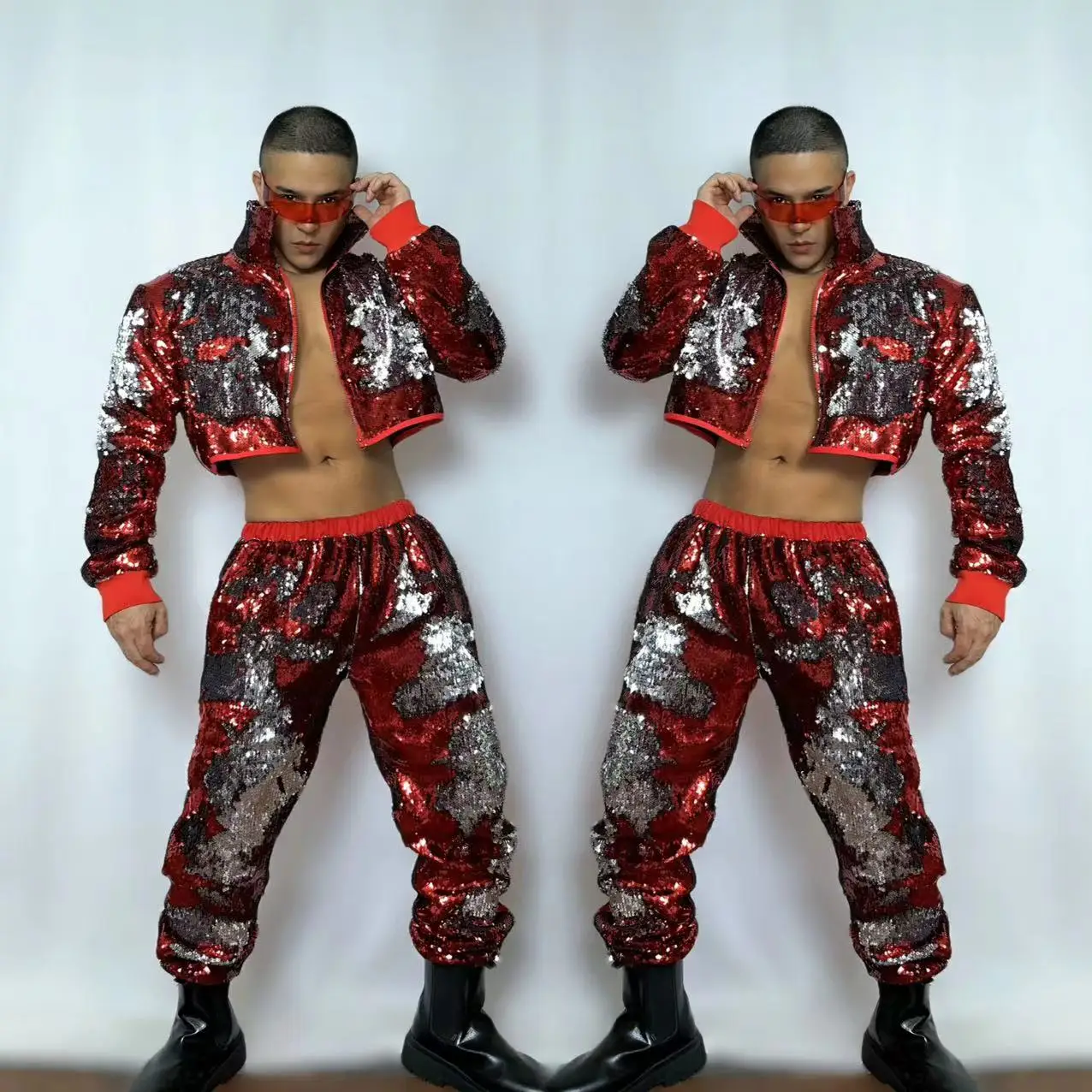 Red Silver Flipping Sequins Short Jacket Pants Hip Hop Jazz Dance Costume Male Singer Dancer Team Bar Nightclub Stage Outfit