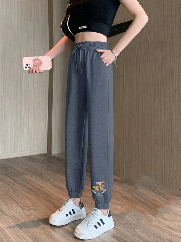 Plus Size 300-Pou-Sporthose mit Fce-Futter, Damen-Freizeithose mit hoher Taille und Bären-Aufdruck, bequeme Polyesterfaser