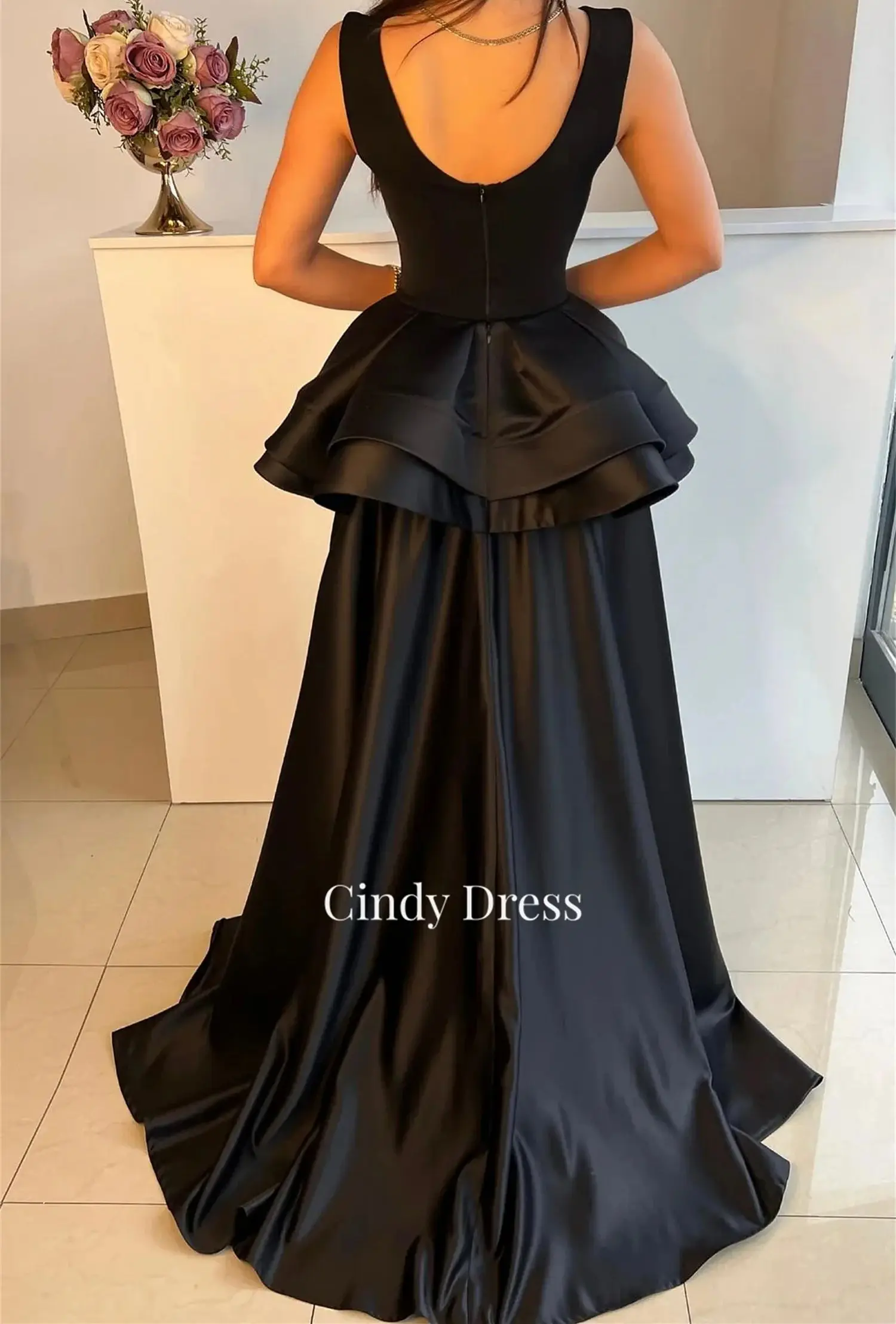 Cindy Black Mermaid Backless Satin Luxurious Evening Wedding Dress Ball Gowns Gala Dresses Woman 2023 for Party Prom Saudi Women