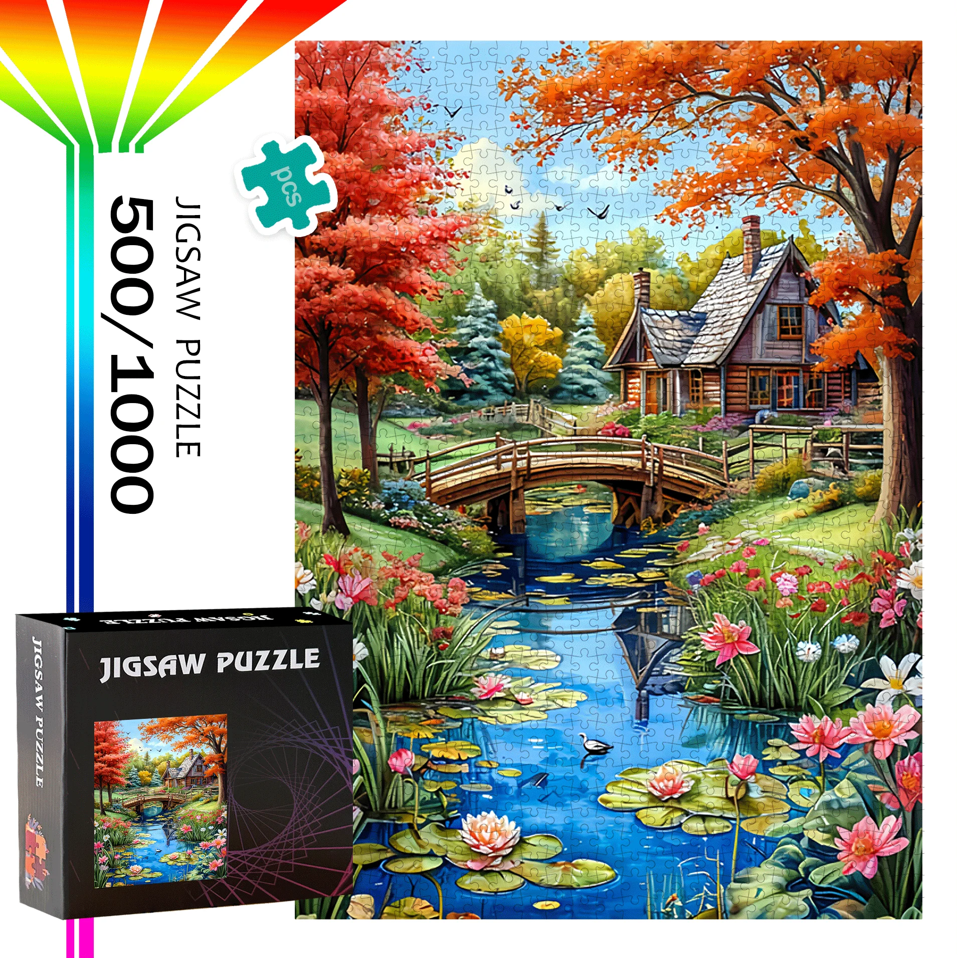 500 Stück oder 1000 Stück extra großes Puzzle – Cottage by the Lake mit Herbstfarben, Lilie-Pads, Vögel und Haus – herausforderndes I