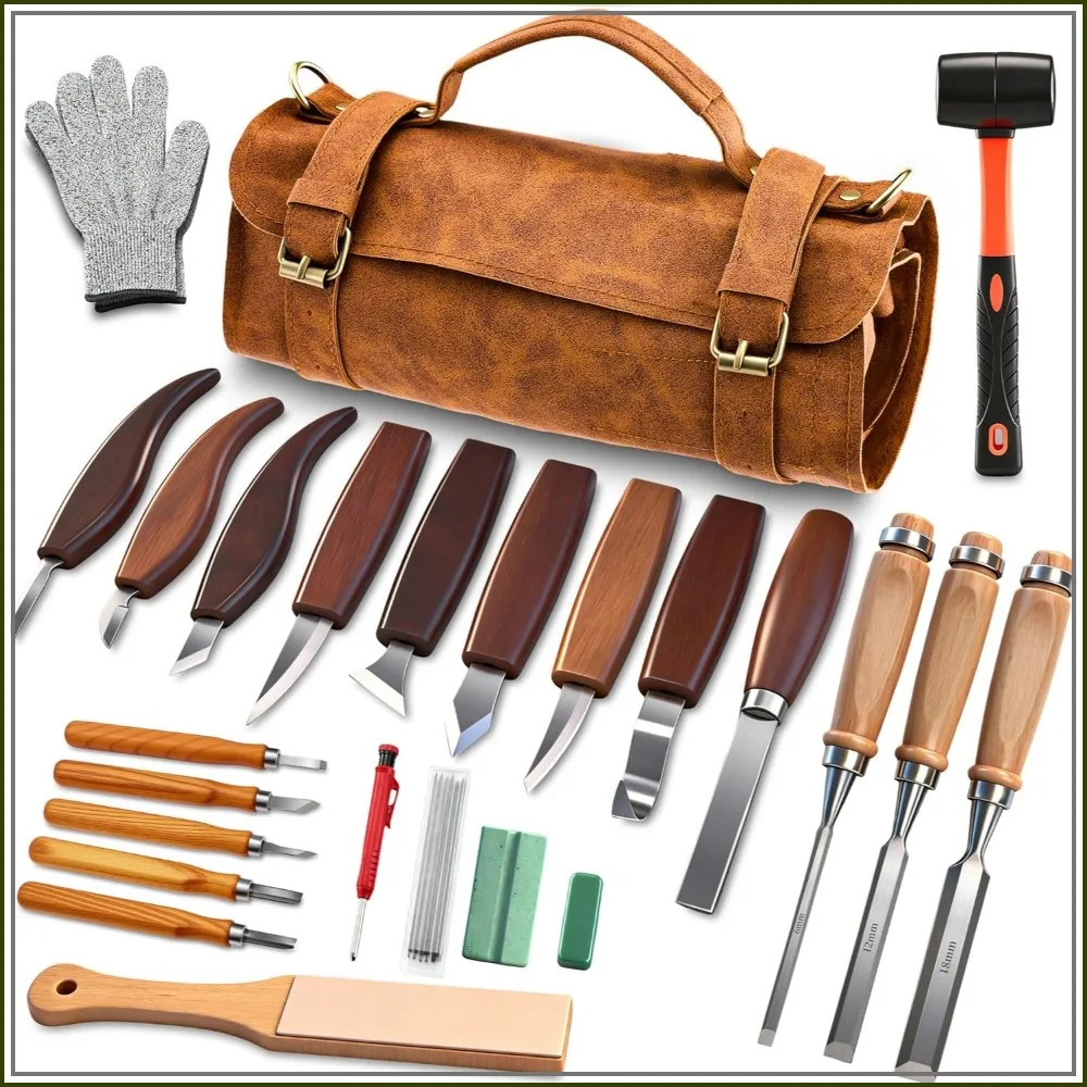 

25-Piece Wood Carving Kit for Beginners & Experts, Leather Roll, Whittling Tools Set