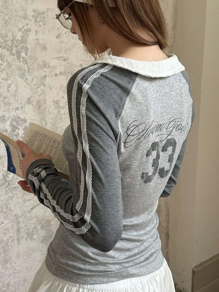 Korean Fashion Sports T-shirts Women Y2k Elegant Grey Coquette Top Preppy Style Blokecore Vintage Long Sleeve T-Shirts Aesthetic