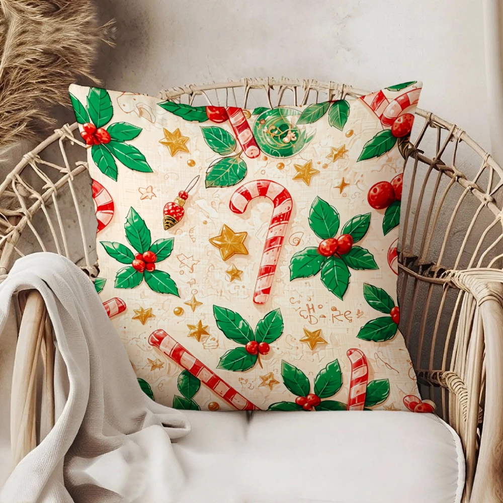 Christmas Throw Pillow Cover Cream Red Green Candy Cane Holly Berry Star Print For Sofa Chair Living Room Holiday Home Decor
