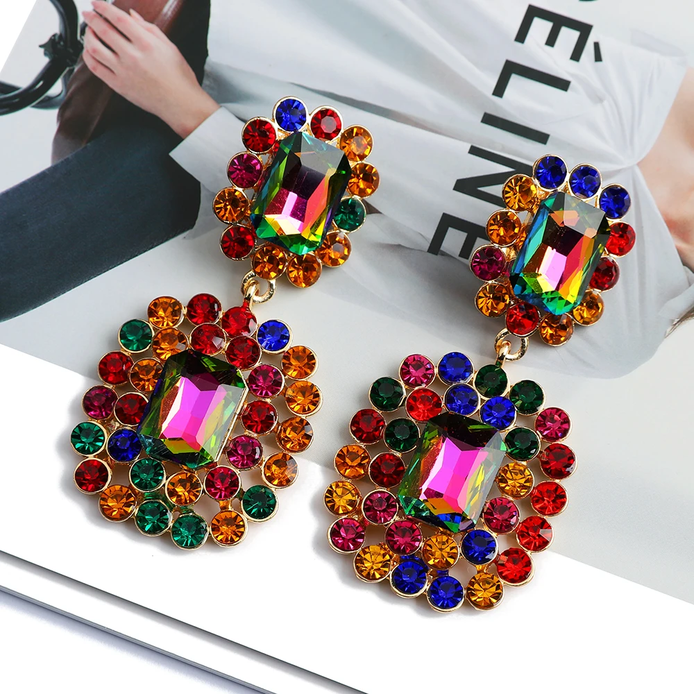 Teardrop Shiny Glass Vintage Luxury Quality Big Dangle Drop Earrings For Women Trendy Chandelier Charm Prom Party Jewelry Gift