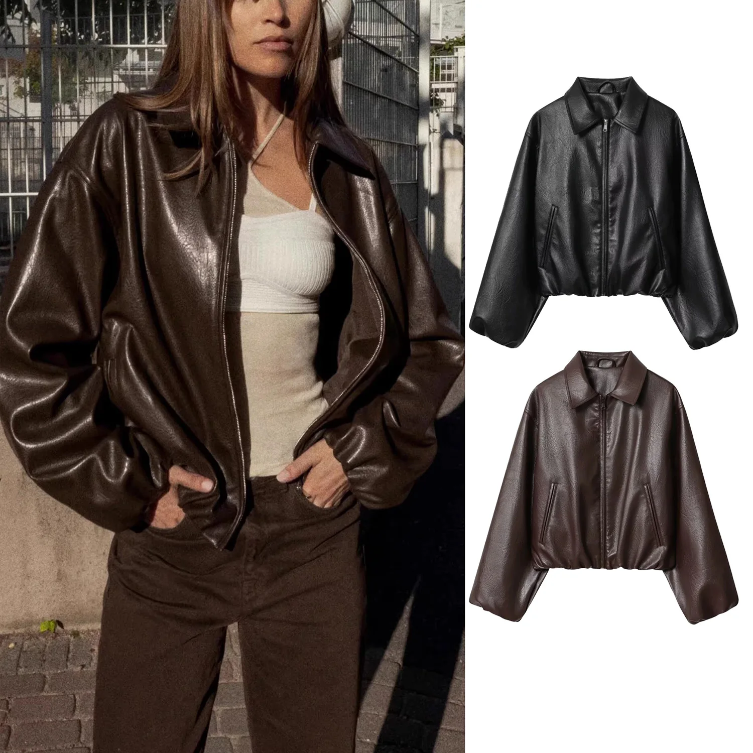 PRINTKAOIR 2025 уличная женская куртка-бомбер из искусственной кожи с воротником-стойкой, шикарная верхняя одежда с длинными рукавами, эластичный подол, женский модный топ