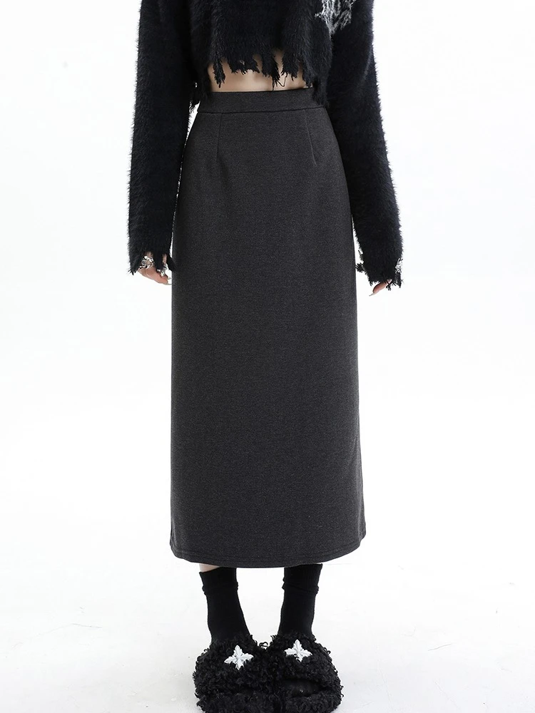Velvet and thick woolen skirt women in autumn and winter high waist slimming straight tube slit A-line mid length skirt