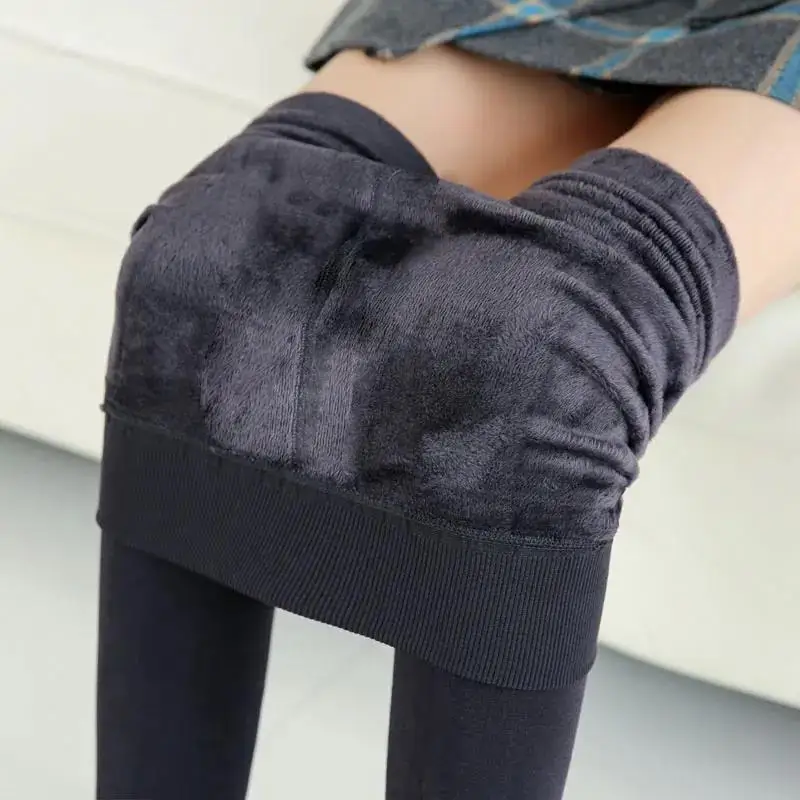 Leggings de felpa y piel de cordero engrosada para mujer, medias de cintura alta, pantalones tobilleros de poliéster sólido cálido, Otoño e Invierno