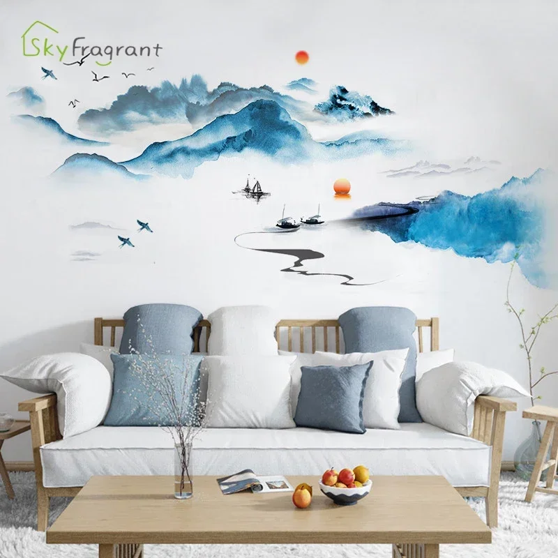 Landscape Wall Sticker Ink Painting Bedroom Bedside Decor Self-adhesive Stickers Living Room Decoration Wall Decor Home Decor