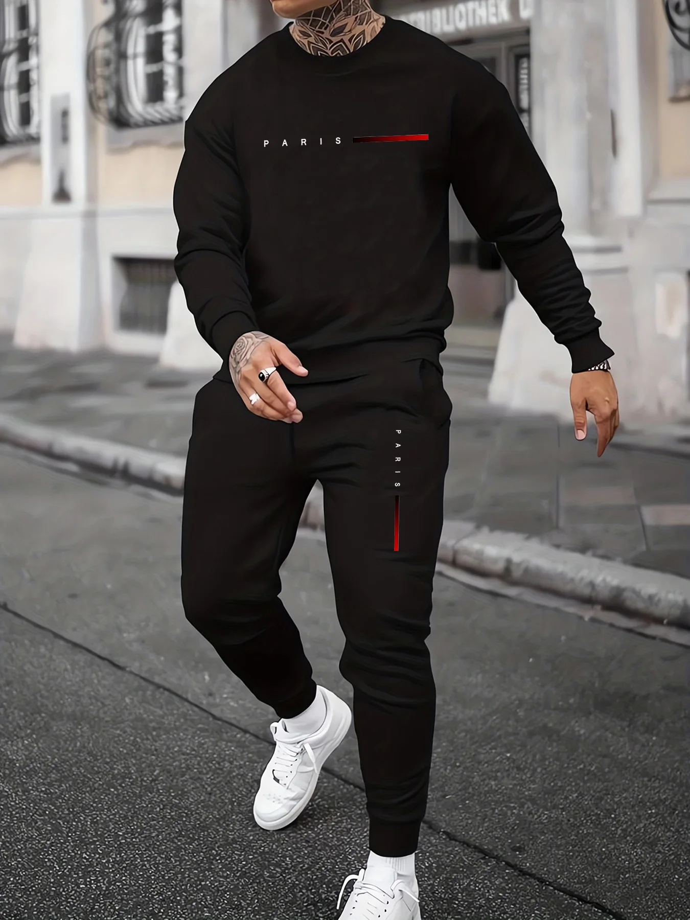 Men's autumn and winter casual warm Paris letter pattern print loose and thick velvet round neck sweatshirt+sports pants set
