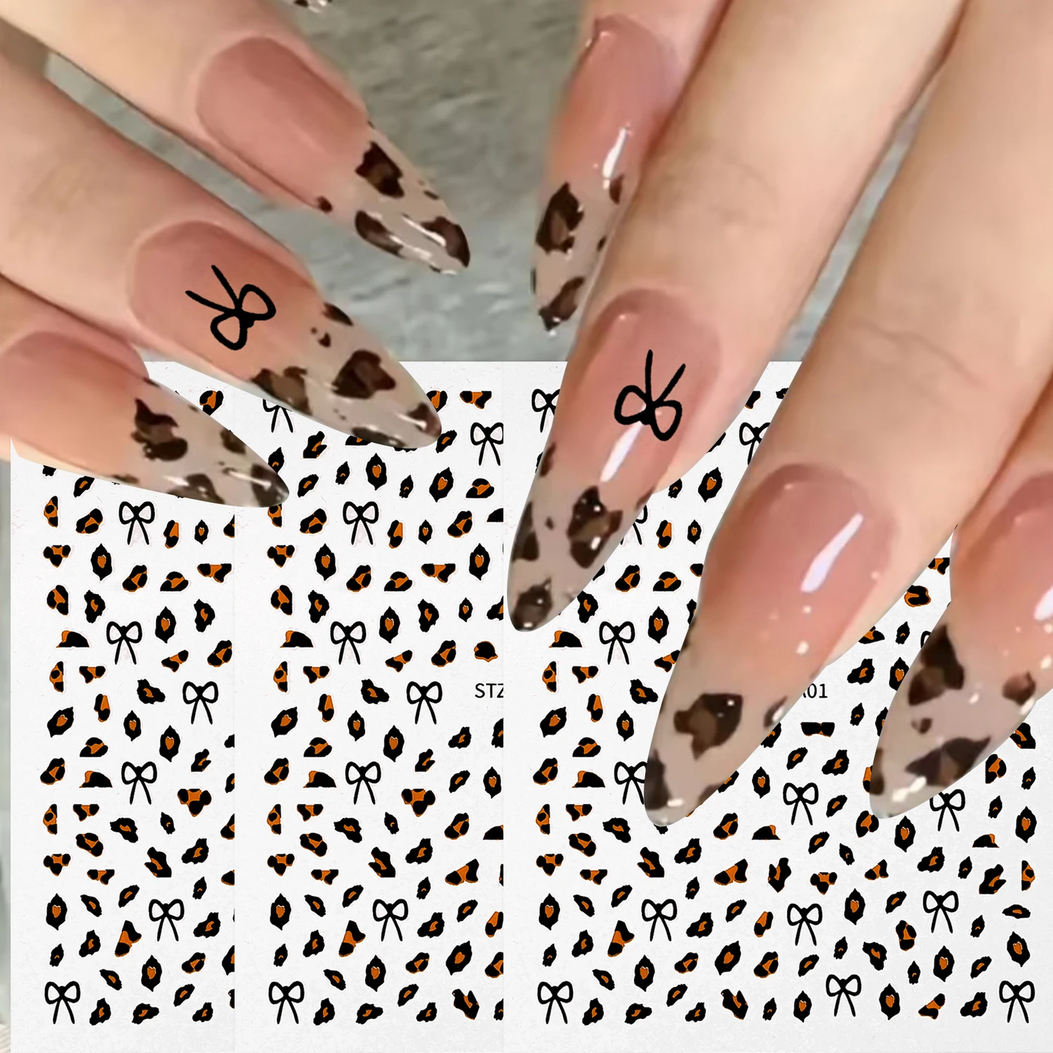 Brązowy wzór w cętki naklejki na paznokcie naklejki 3D Leopard Bowknot naklejki na paznokcie transferu wody jesienno-zimowy Manicure dekoracja samoprzylepna