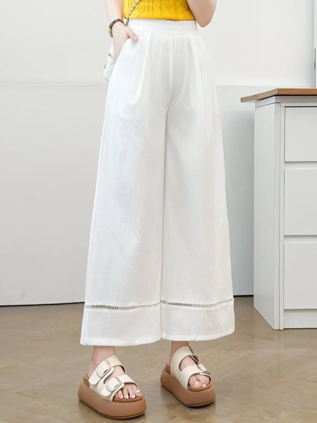 plus Size Women's Summer Casual Pants Hollow out Wide Leg Pants Loose Versatile Nine Point Straight Leg Pants Trendy