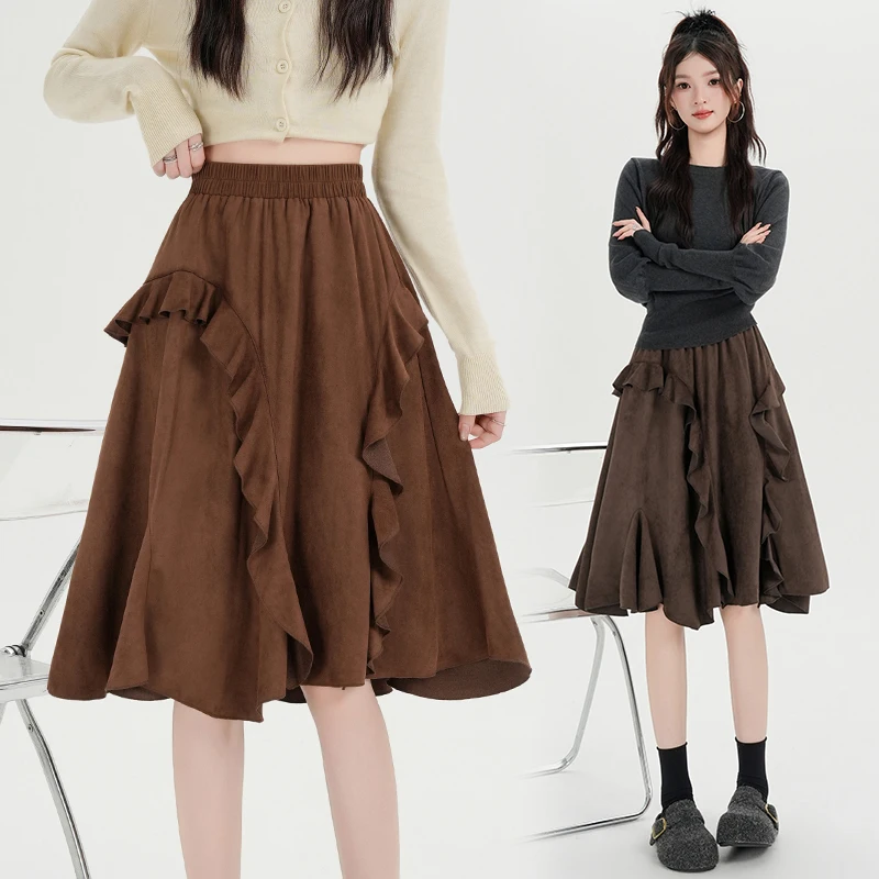 Women Autumn Winter Midi Skirt High Waist Ruffle Irregular Hem A‑Line Flared Swing Skirt For Ladies