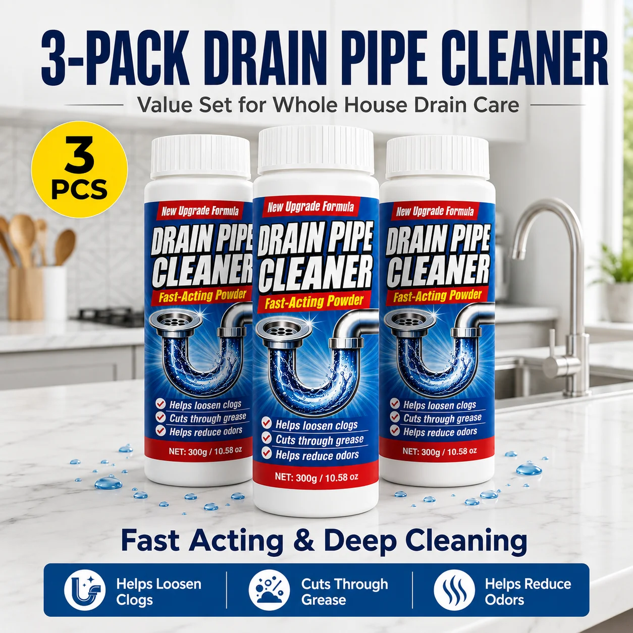 1/2/3Pcs Drain Cleaner Powder 300g, Drain Unblocker Powder for Kitchen Sink, Bathroom Drain, Shower Drain and Floor Drain, Helps Break Down Hair, Soap Scum, Grease, Food Residue and Odors