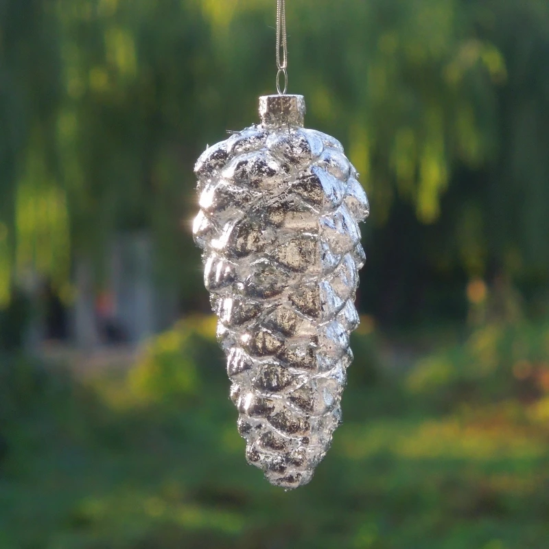 

12pcs/pack 6*13cm Silver Pine Cone Glass Artifact Christmas Tree Hanging Ornament Window Hotel Wedding Mall Decoration Festival