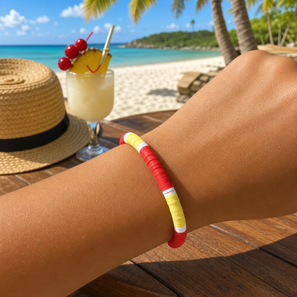 1pc Unisex Trendy Round Beaded Silicone Strand Bracelet with Red Yellow and White Color Block Disc Beads Beach Style
