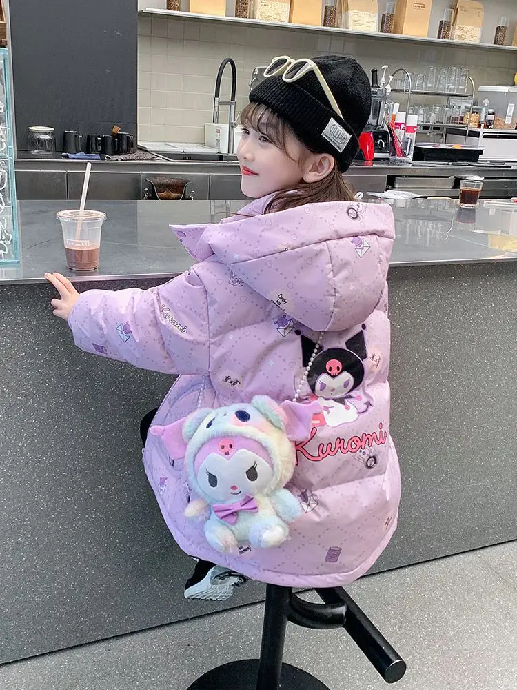 2024 Winter Fashion Teen Girls Sanrio Kuromi Down Jacket Kids Clothers Outerwear Children Hooded Velvet Thicken Windbreaker Coat