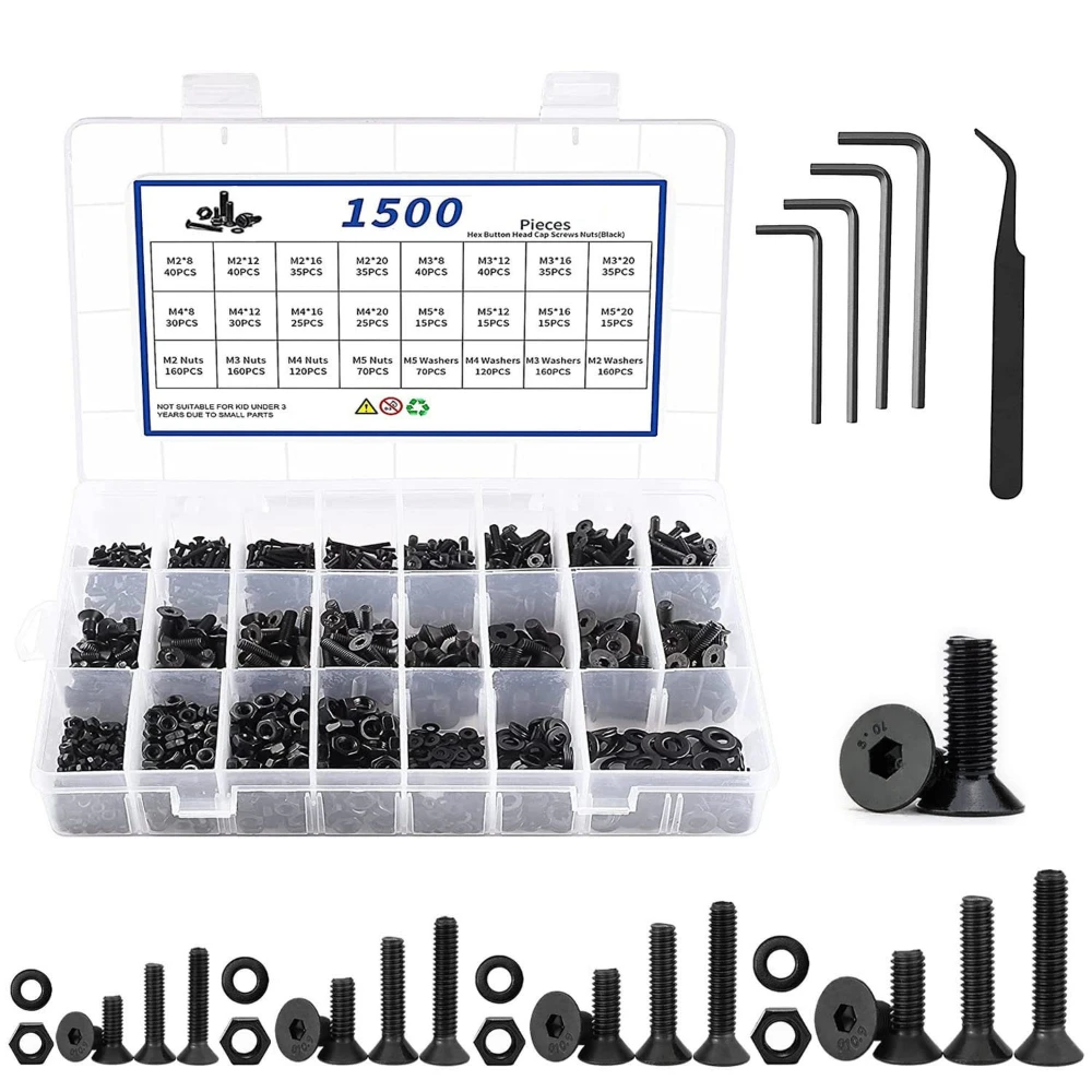 1500Pcs screw set M2M3M4M5*8/12/16/20 Black Grade 10.9 Steel Hexagon Hex Socket Head Flat Countersunk Screw Washer Nut mix Kit