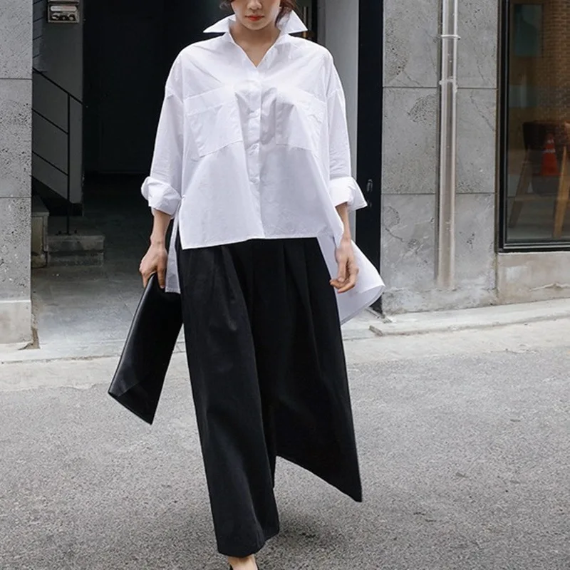 Spring Summer New Fashion Women's White Solid Color Long Lseeve Turn-down Collar Loose Casual Trendy Shirts Female Clothes Tops