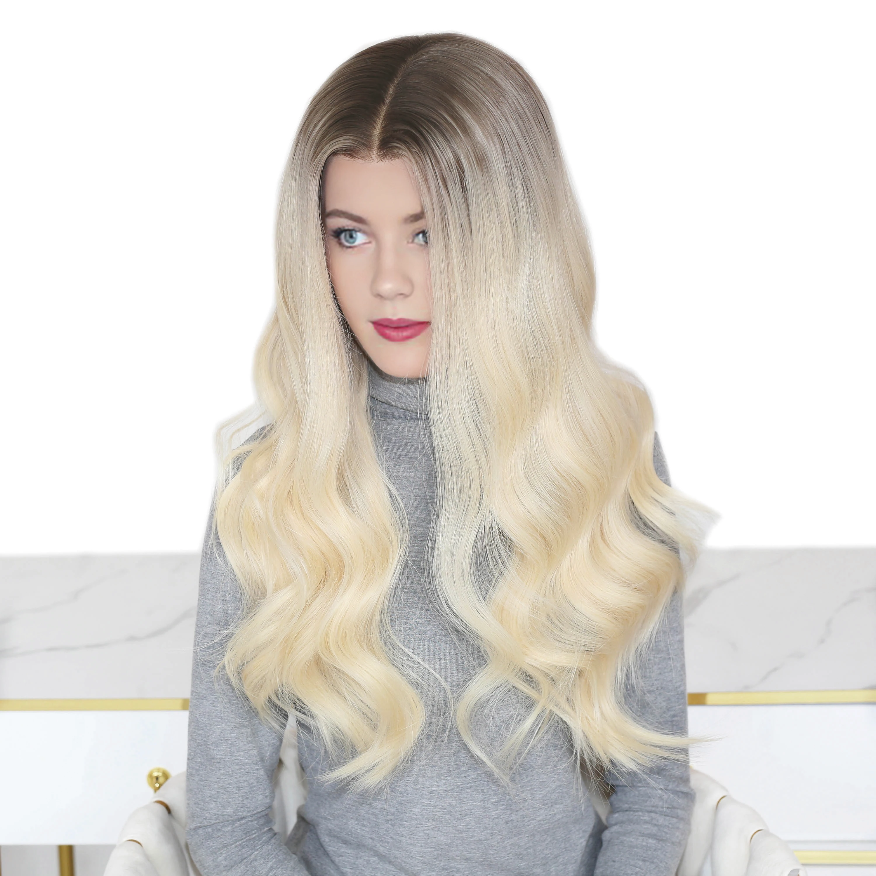 Remy Human Hair Lace Front & Top Wig Natural Blonde Hair Color with Brunette Root and Luxury Hand Painted  Balayage Ombre Wig