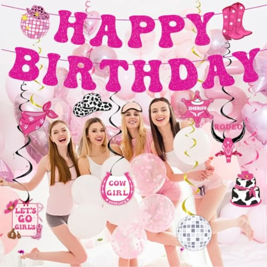 34 قطعة ديسكو راعية البقر حفلة عيد ميلاد زينة الغربية راعية البقر زينة الحفلات الوردي الساخن عيد ميلاد سعيد راية ديسكو راعية البقر B #3