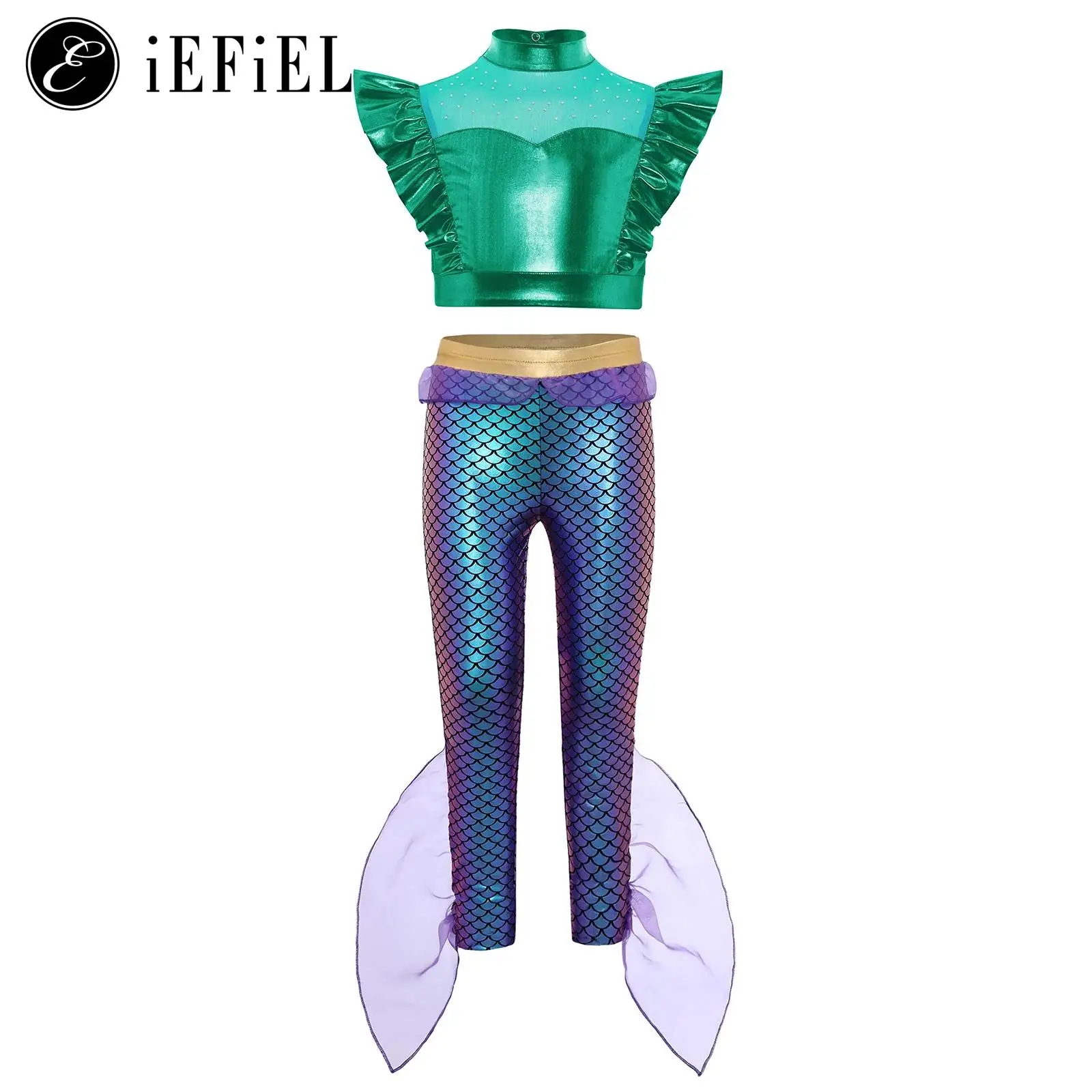 

Girls 2 Pieces Mermaid Cosplay Costume Rhinestone Sleeveless Ruffle Metallic Tank Crop Tops +Fish Scales Pants Outfits Beachwear
