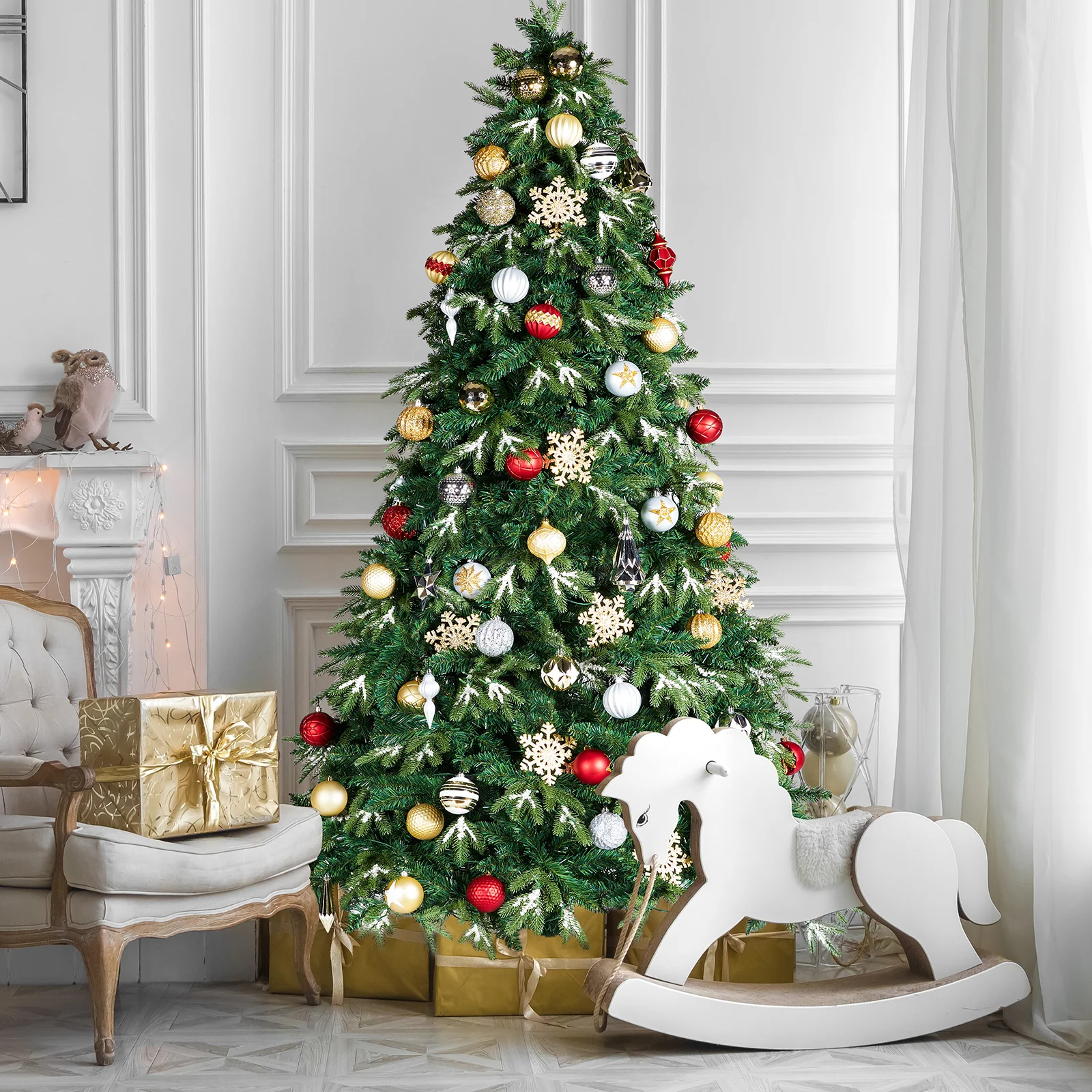 

6/8/9 ft PE&PVC Prelit Christmas Tree, Artificial Spruce Tree W/ Warm White Lights, Ice Crystal, Metal Hinges and Foldable Stand