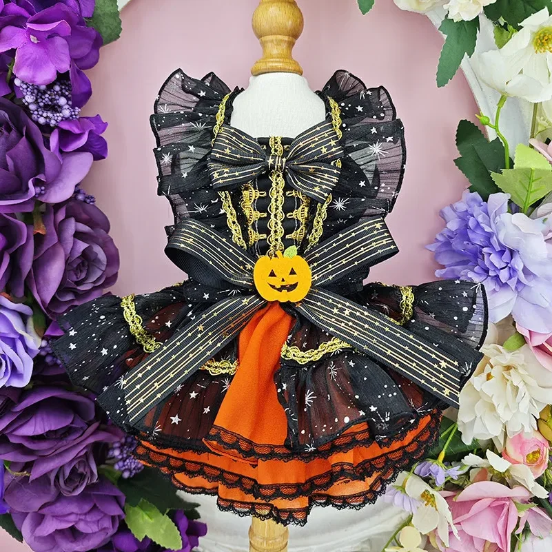 Halloween Pumpkin Pet Dog Clothes Fashion Handmade Holiday Party Orange Dresses For Small Medium Dog Chihuahua Puppy Clothing