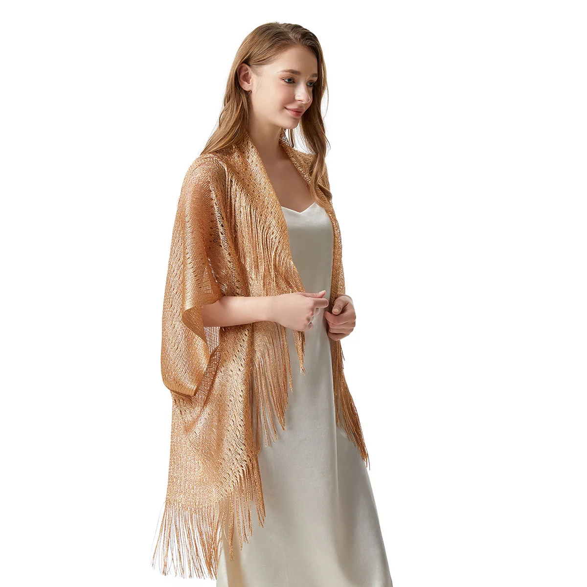 New Polyester Bat Sleeve Shawl Gold and Silver Thin Outer with Hollow Tassel Sun Protection Large Size Cardigan