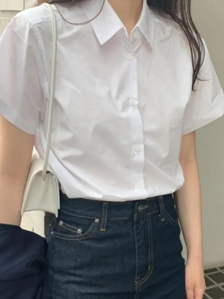 Summer New White Slimming Short Sleeve Shirt Women's Professional Style Korean Version Straight Cut Cotton Collar Top