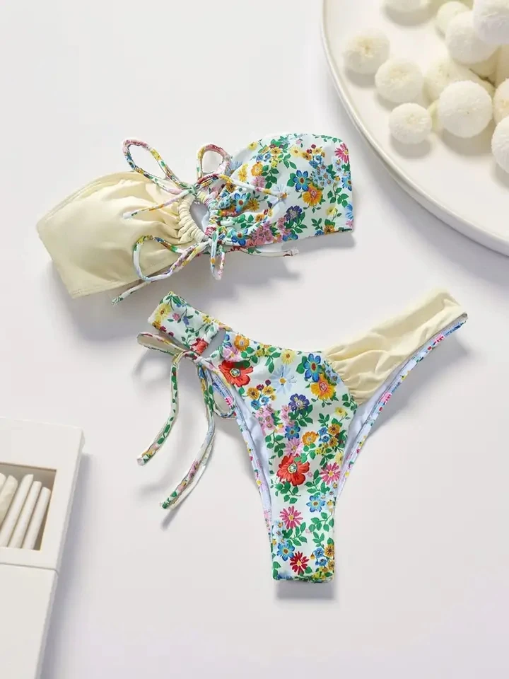 

Bikini Set Floral Print Pathwork 2 Piece Swimsuit for Women Drawstring Sexy Push Up Backless Beach Vacation Swimwear 2025 New