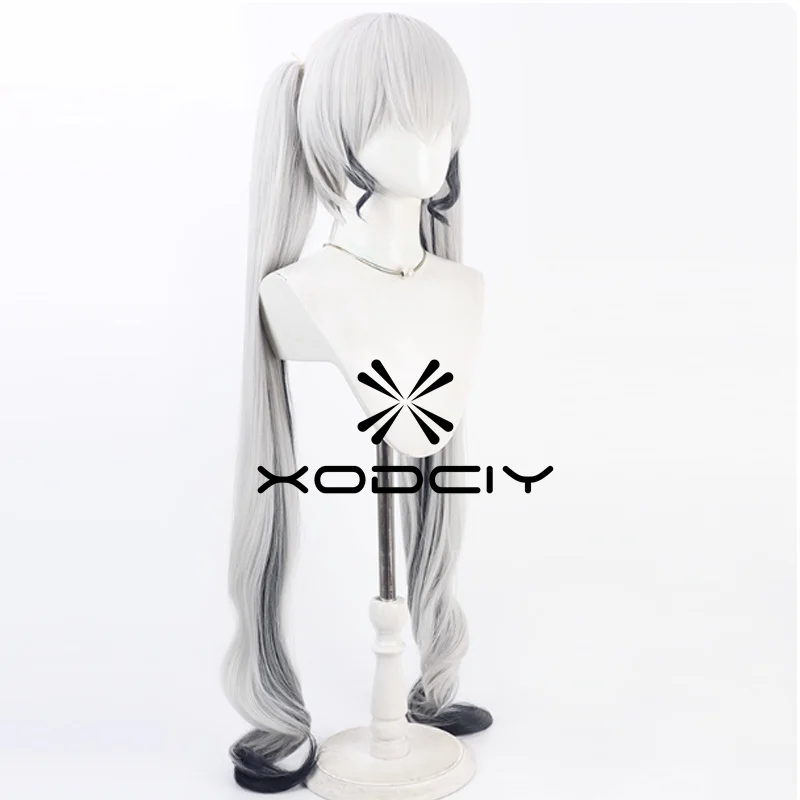 Peruka cosplay FGO Aqua Ruler 100cm Srebrno-Biała Gradientowa Syntetyczna z Doczepianymi Kucykami i Czepeczkiem Gratis
