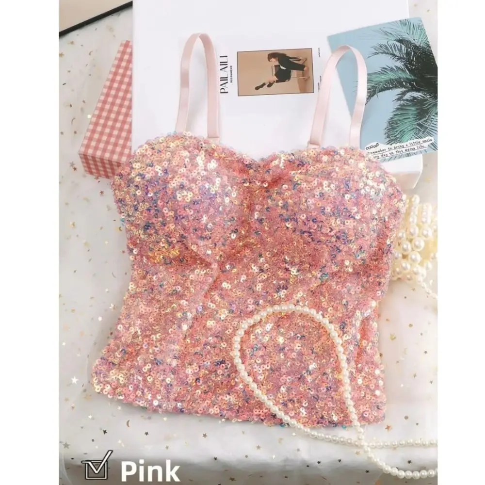 Shiny Sequin Sequin One-Piece Tank Top Fixed Wrap Chest High Elasticity Backless Vest Underwear Short Base Layer Vest Top