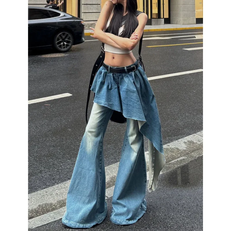 Blue Womens Jeans High Waist Vintage Design Hip Hop Straight Baggy Denim Pants Street Y2K American Style Wide Leg Denim Trouser