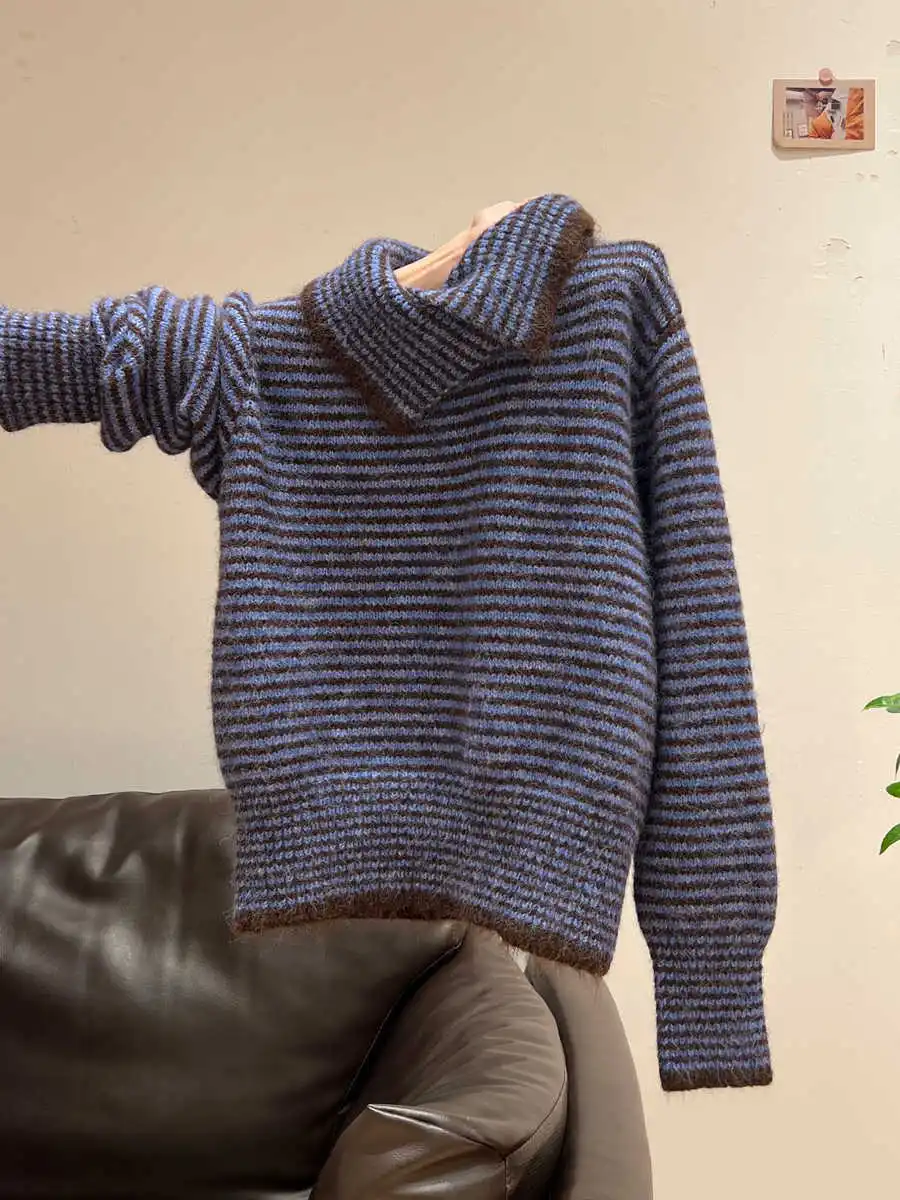 

Striped High-Neck Thickened Crewneck Sweater Women'S Coat 2025 Fall/Winter Casual Loose Turned-Down Knit Top