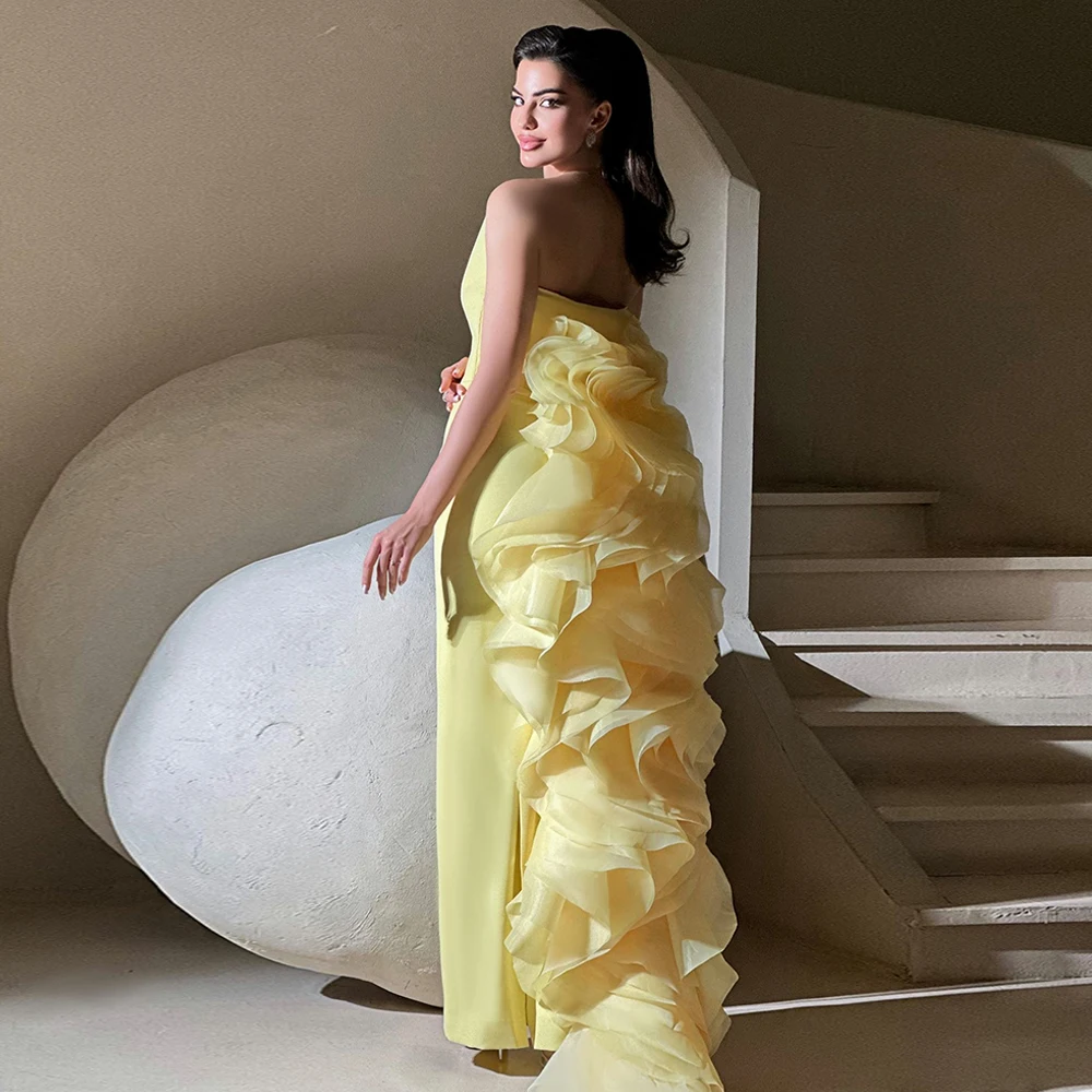 

Вечерние платья из джерси по индивидуальному заказу, светло-желтые длинные платья с оборками, женские элегантные вечерние платья на заказ, длиной до пола