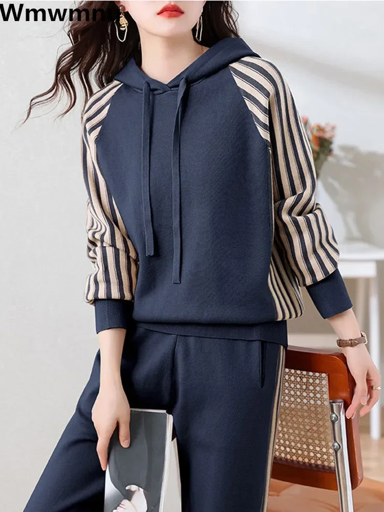 Casual Striped Hooded Knit Sweatshirt 2 Piece Set Women Casual Pullover Tops Tracksuit Baggy Running Wear Jogger Pants Conjuntos