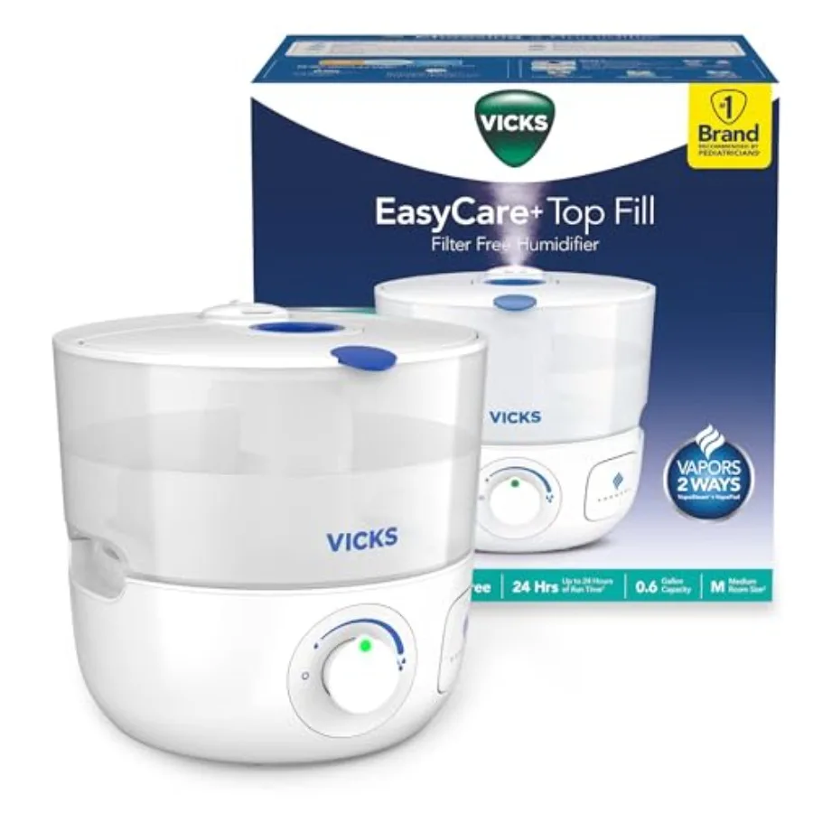 

EasyCare Plus Top Fill Filter-Free Cool Mist Humidifier, Small Room For Vapors 2 Ways Works with VapoPads and VapoSteam, White