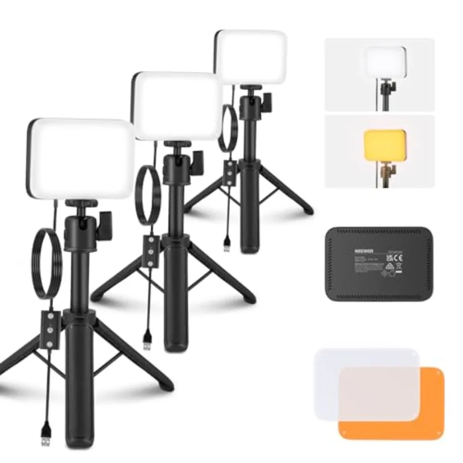 

Basics 3 Pack LED Video Panel Light, Video Conference Lighting Kit with Desktop Tripod Stands/Filters for Webcam Desk Computer